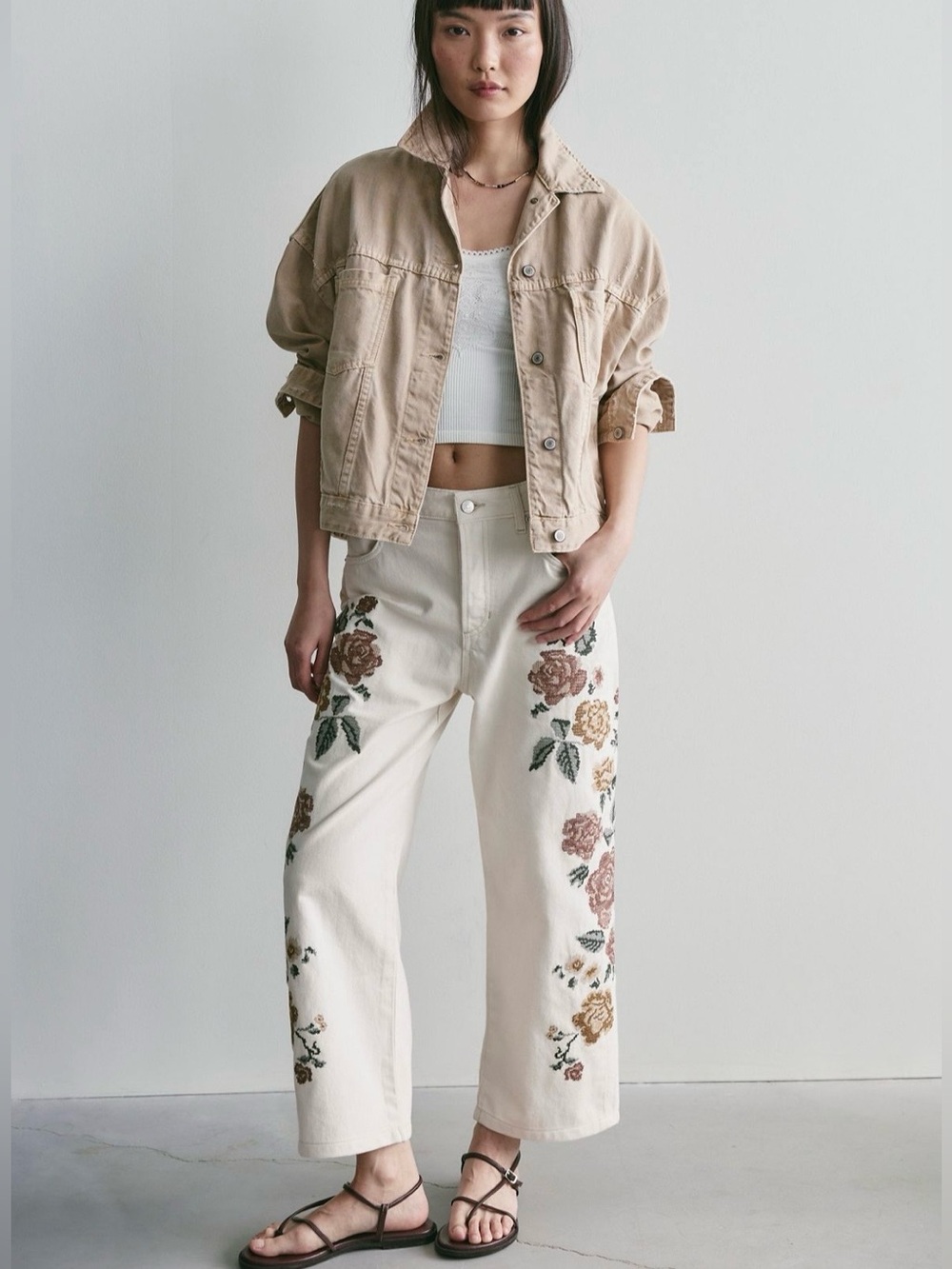 NWT We The Free Willow Cross Stitch
Embroidered Jeans in Parchment